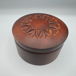 Carved Wood Trinket Lid Jewelry Box Brown 4.5" Diameter Made in Poland